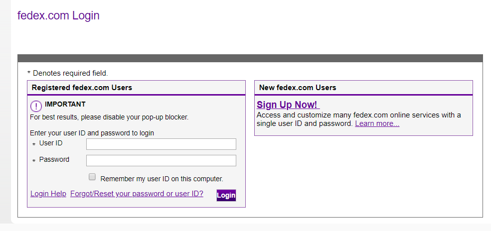 Login and registration on Fedex