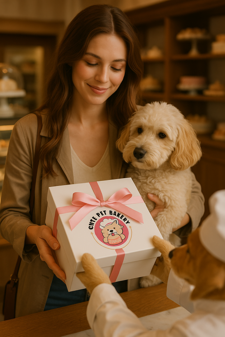 Woman with dog receiving gift box from Cute Pet Bakery