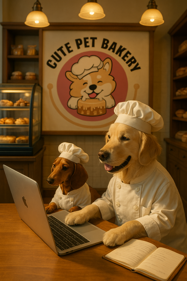 Dogs in chef outfits working on laptop at Cute Pet Bakery