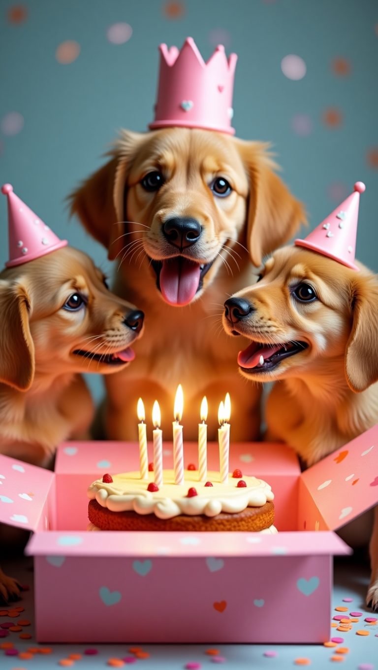 Golden retriever puppies celebrating with birthday cake