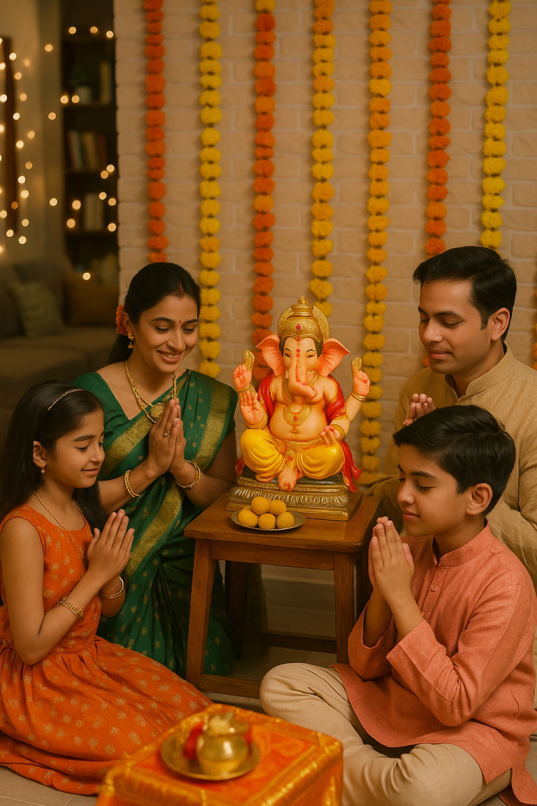 Parents and children worshipping Ganesha idol